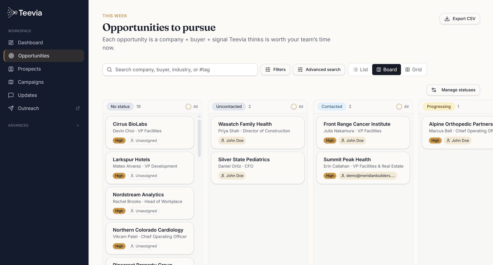 Teevia pipeline board tracking opportunities across statuses from uncontacted to contacted to progressing