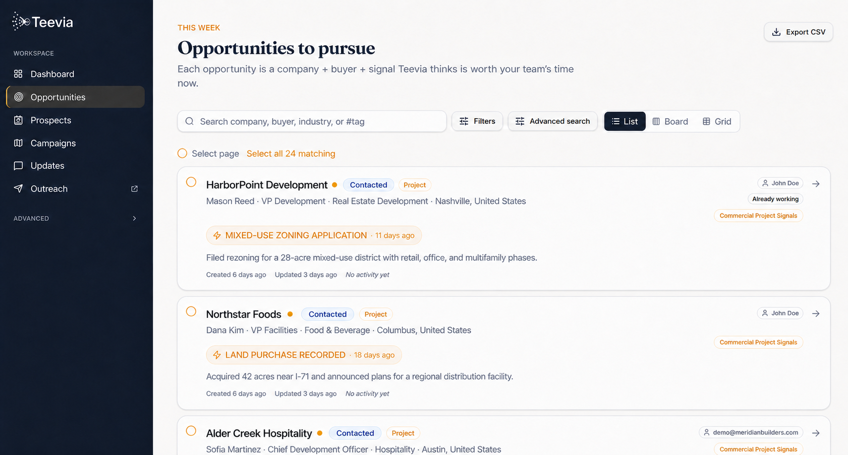 Teevia opportunity list showing commercial construction signals including a zoning application, a recorded land purchase, and a hospitality site plan