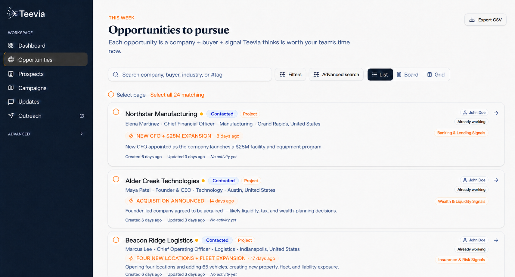 Teevia opportunity list showing banking and lending, wealth and liquidity, and insurance and risk signals