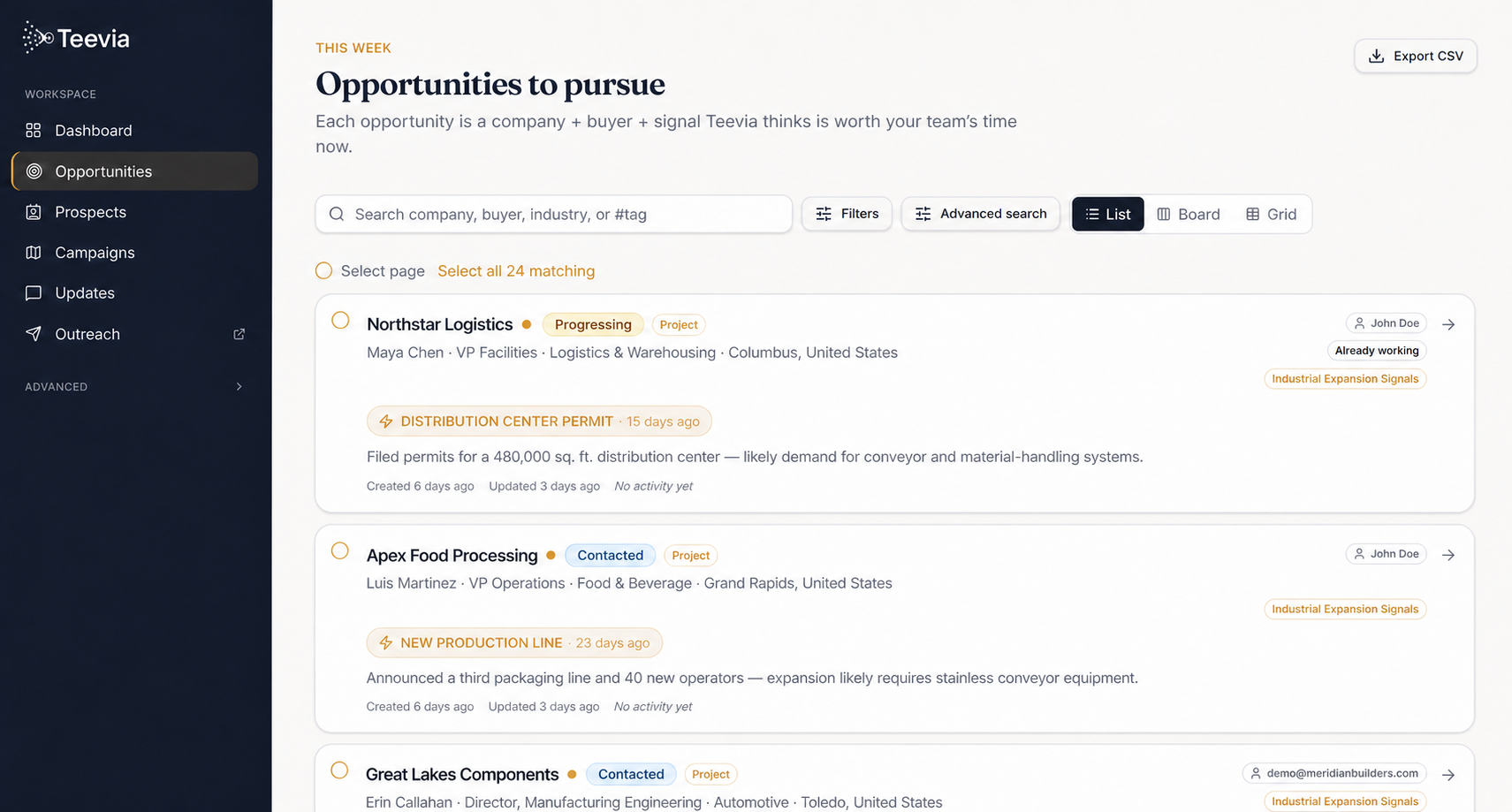 Teevia opportunity list showing buyer companies with manufacturing demand signals including a distribution center permit, a new production line, and facility expansion activity