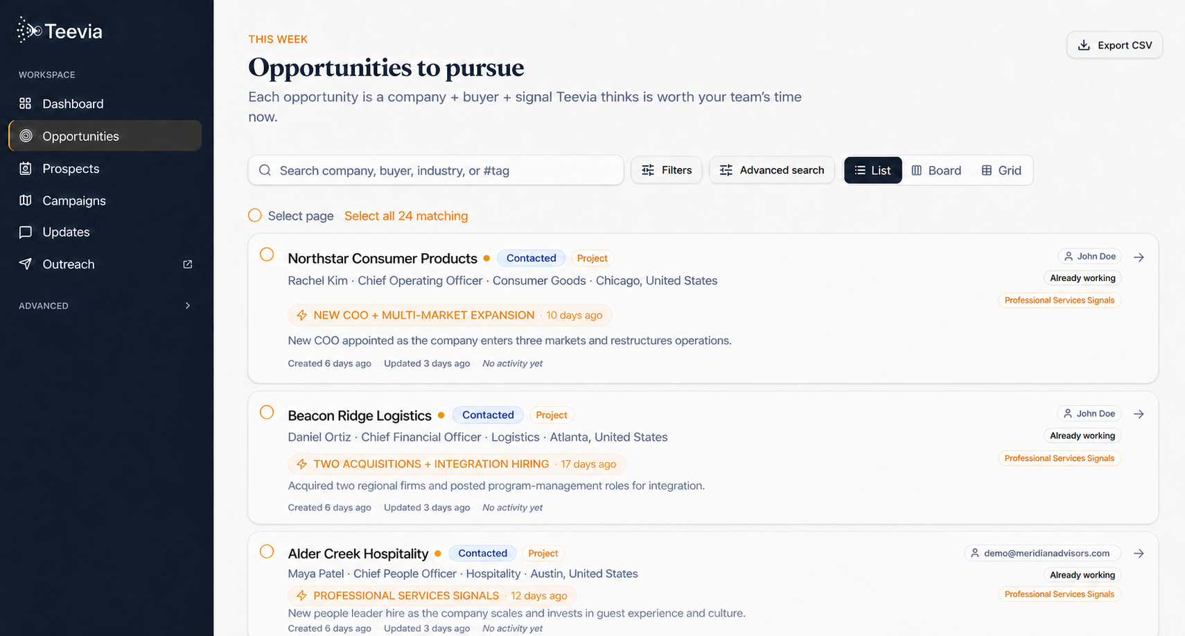 Teevia opportunity list showing companies with professional-services signals including new leadership, expansion, and acquisition integration