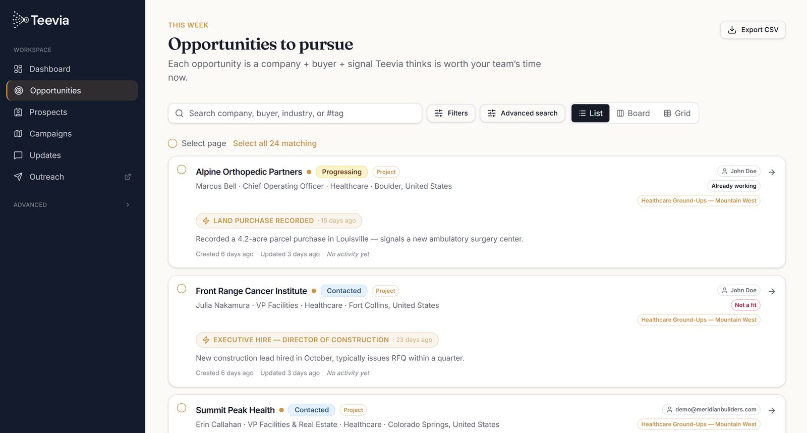 Teevia opportunities list showing companies with detected buying signals like a recorded land purchase and an executive hire, each explained in plain language