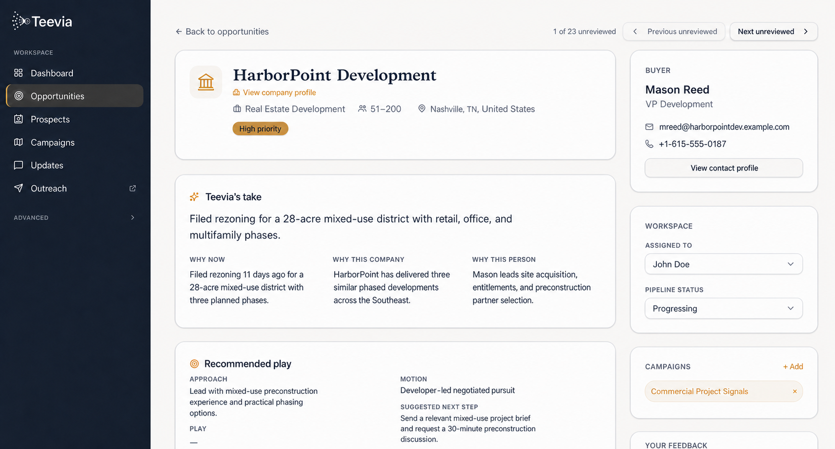 Teevia opportunity detail showing why a developer may be preparing a commercial project, the development executive to contact, and the recommended sales play