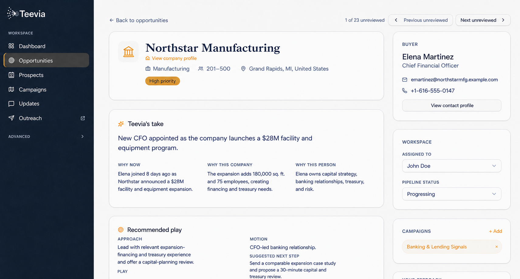 Teevia opportunity detail showing a new CFO, expansion-driven banking and lending needs, and a recommended relationship play