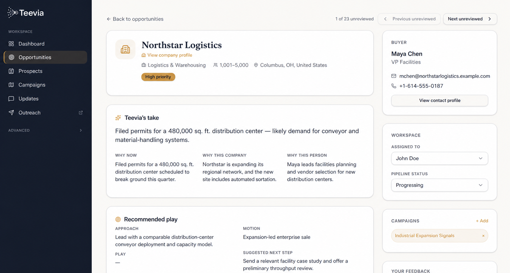 Teevia opportunity detail for Northstar Logistics showing why its distribution center project may require conveyor and material-handling systems, the buyer to contact, and the recommended sales play