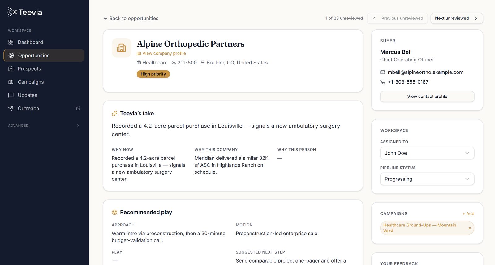 Teevia opportunity detail showing Teevia's take on why now, why this company, why this person, plus a recommended play and buyer contact information